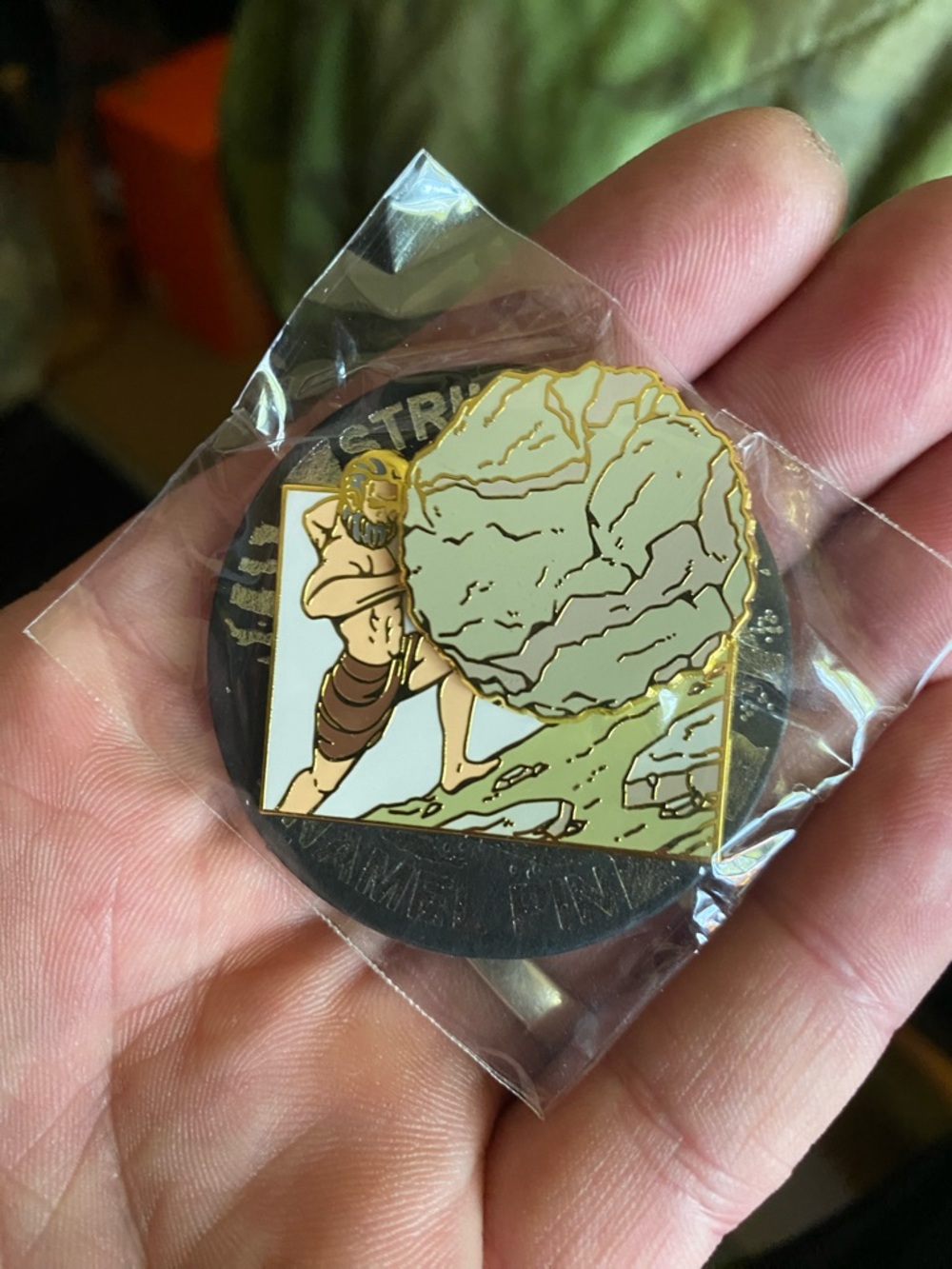 Brand New In Package Strike Gently Deluxe Sisyphus Rolling Boulder Enamel Pin